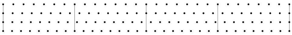 Four rows of dots. From top to bottom, they have 33, 32, 31 and 29 dots, and the total width of each row is the same. There are four equally spaced vertical lines, where some of the dots line up. The first and last vertical lines mark where dots in all four rows are lined up. The middle vertical line goes through dots in three of the four rows (missing the second from the bottom), and the first and fourth only goes through dots in the top and bottom row.