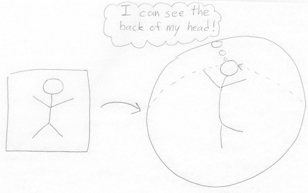 A cartoon showing a stick figure transported from a flat surface onto the surface of a sphere. Their body now curves with the curve of the sphere. A dotted line emanates from one side of their head, disappears to the underside of the sphere, and reappears pointing to the other side of their head. A thought bubble has the text: "I can see the back of my head!"